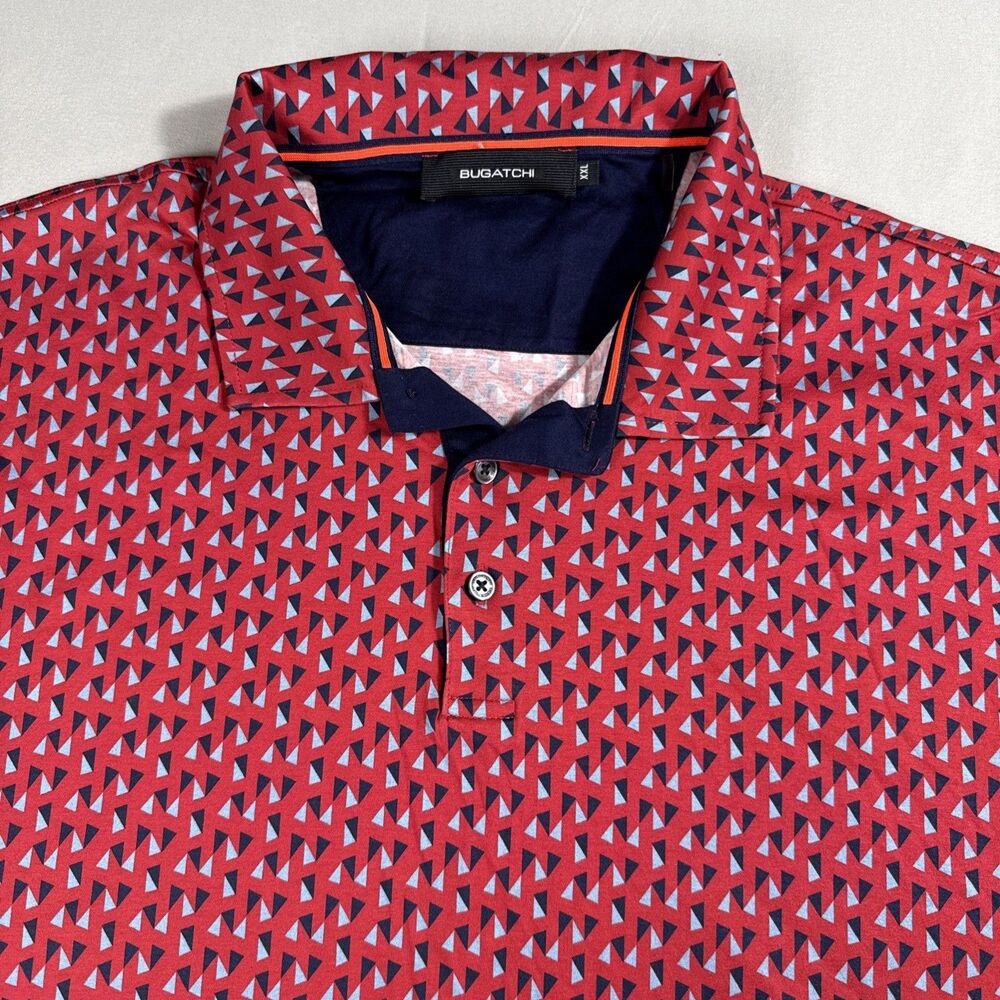 BUGATCHI Men's Polo Shirt - Red/Blue Geometric Print Size XXL Merccerized Cotton